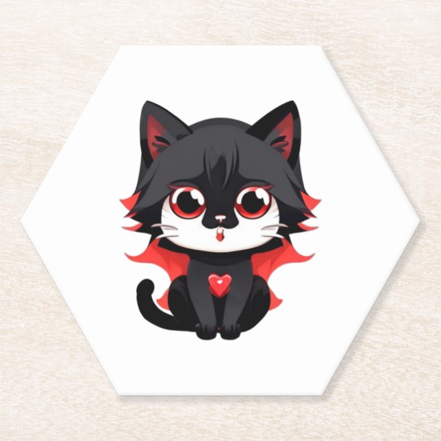 Black cat with red colour   paper coaster (Front)