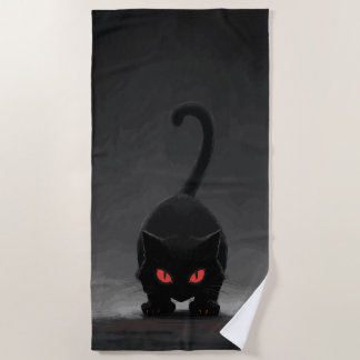 Black Cat with Red Eyes – Dark Minimal Art Beach Towel