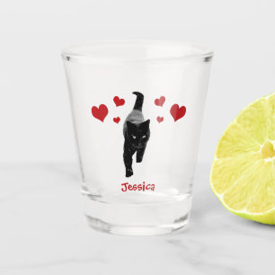 Black Cat with Red Hearts Personalised Name Shot Glass