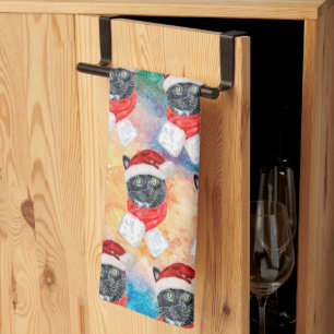Black Cat with Red Scarf Funny Christmas Tea Towel