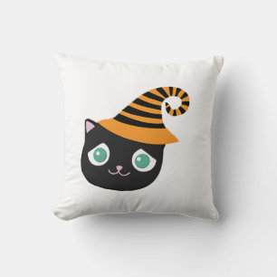Black Cat with Sad Eyes and Whimsical Hat Cushion