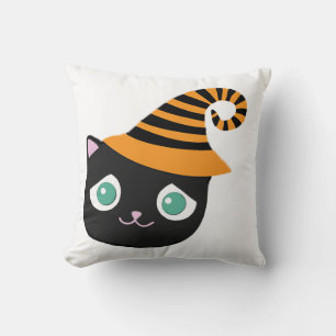 Black Cat with Sad Eyes and Whimsical Hat Cushion