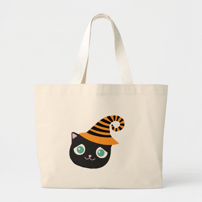 Black Cat with Sad Eyes and Whimsical Hat Large Tote Bag (Front)
