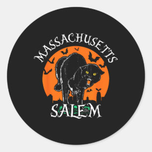 Black Cat With Salem Skyline Machusetts Halloween Classic Round Sticker