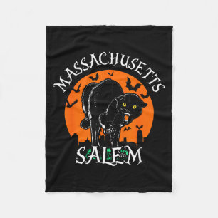 Black Cat With Salem Skyline Machusetts Halloween Fleece Blanket