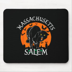 Black Cat With Salem Skyline Machusetts Halloween Mouse Pad
