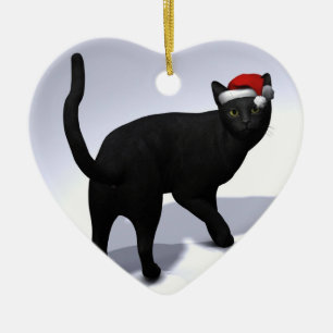 Black Cat with Santa Cap Ceramic Tree Decoration