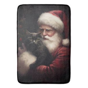 Black Cat With Santa Claus Festive Christmas  Bath Mat