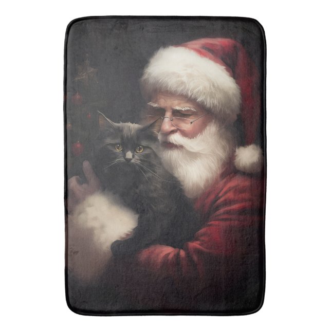 Black Cat With Santa Claus Festive Christmas  Bath Mat (Front Vertical)