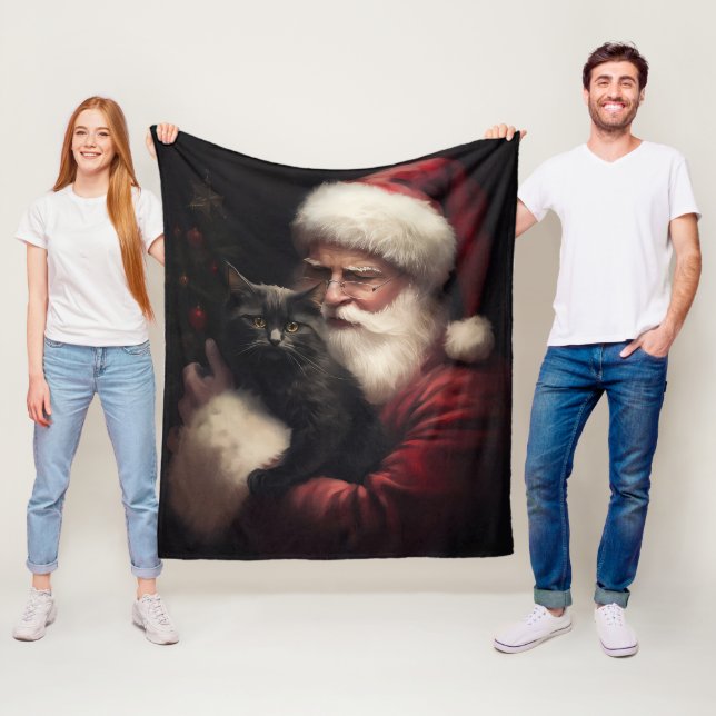 Black Cat With Santa Claus Festive Christmas  Fleece Blanket (In Situ)