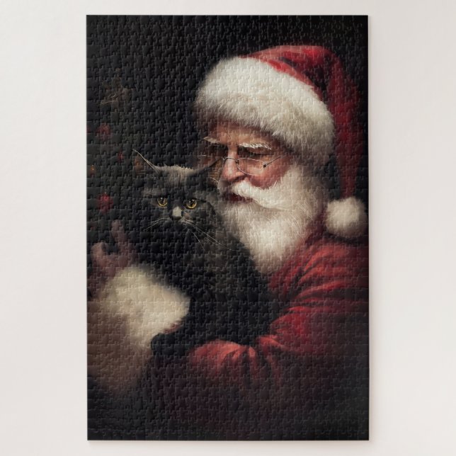 Black Cat With Santa Claus Festive Christmas  Jigsaw Puzzle (Vertical)