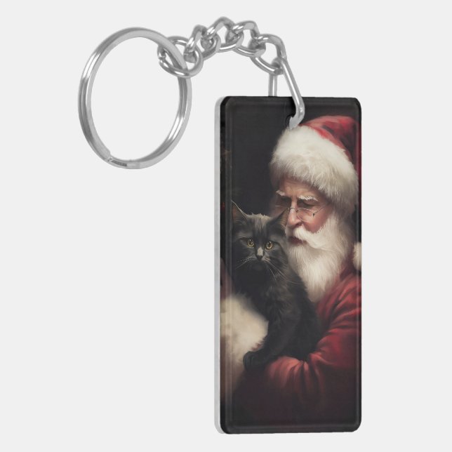 Black Cat With Santa Claus Festive Christmas  Key Ring (Front Left)