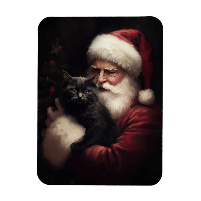 Black Cat With Santa Claus Festive Christmas  Magnet (Vertical)