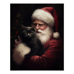 Black Cat With Santa Claus Festive Christmas Poster