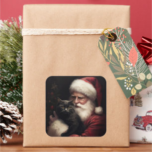 Black Cat With Santa Claus Festive Christmas  Square Sticker