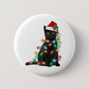Black Cat With Santa Hat Christmas Lights 6 Cm Round Badge