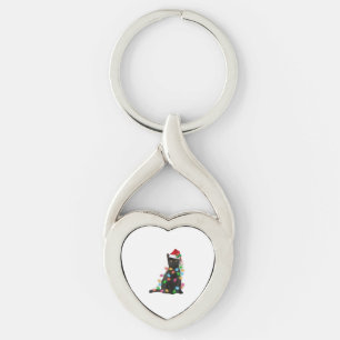 Black Cat With Santa Hat Christmas Lights Key Ring