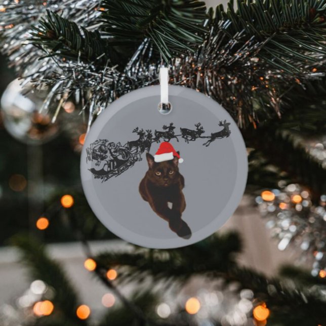 Black Cat with Santa Hat | Sleigh and Reindeer  Glass Tree Decoration (Creator Uploaded)