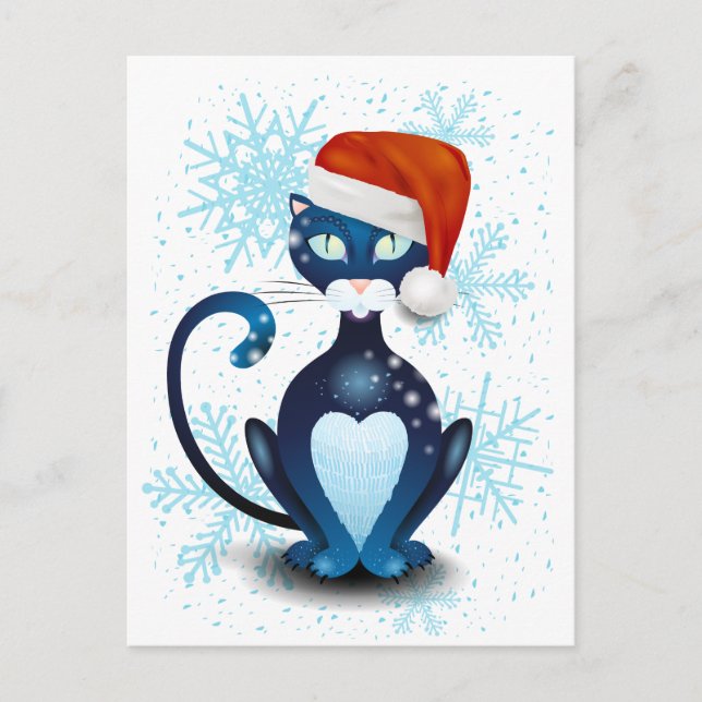 Black Cat with Santa's Hat Postcard (Front)
