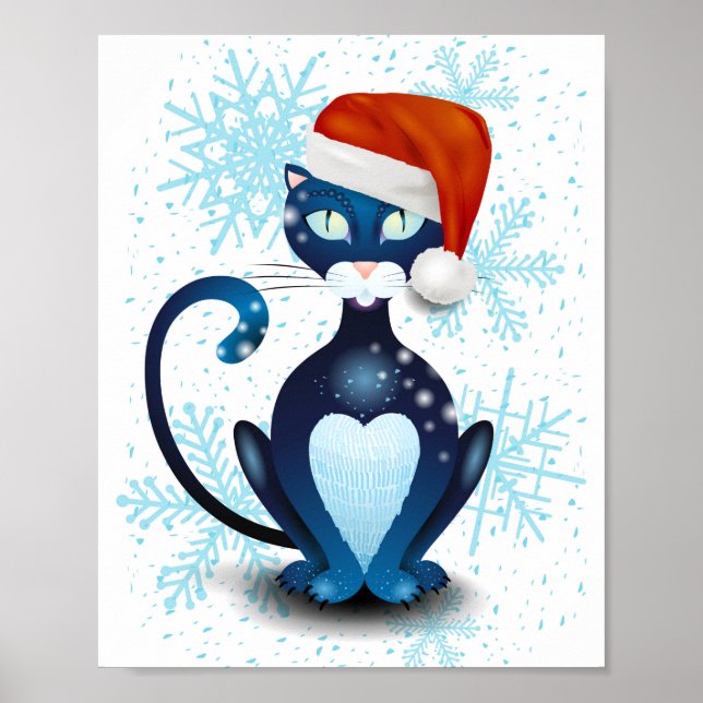 Black Cat with Santa's Hat Poster (Front)