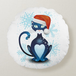 Black Cat with Santa's Hat Round Cushion