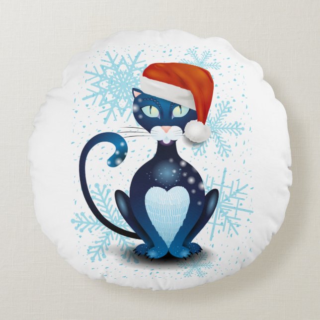 Black Cat with Santa's Hat Round Cushion (Front)