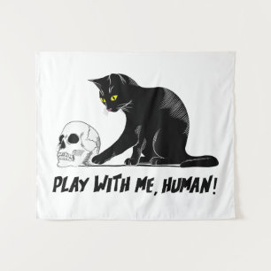 Black Cat With Skull Play With Me Human Creepy Tapestry