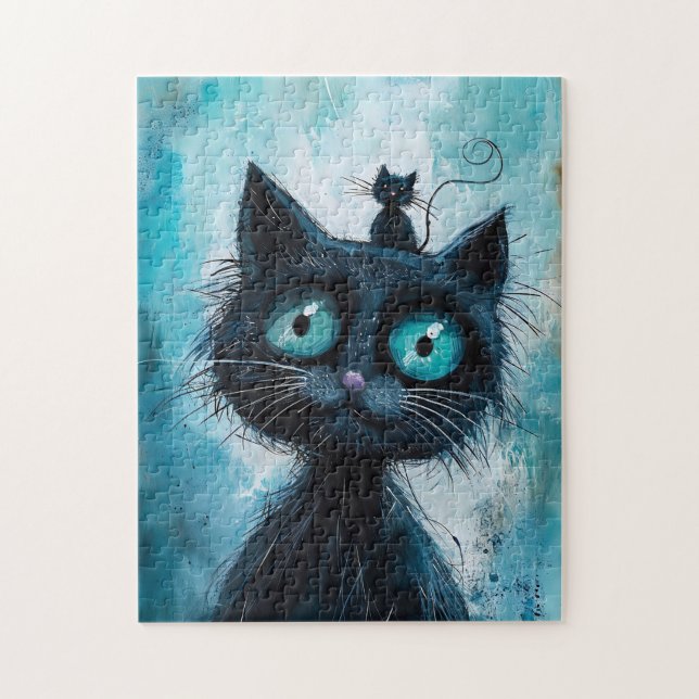 Black Cat with Small Cat on Head Jigsaw Puzzle (Vertical)