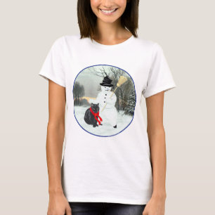 Black Cat with Snowman T-Shirt