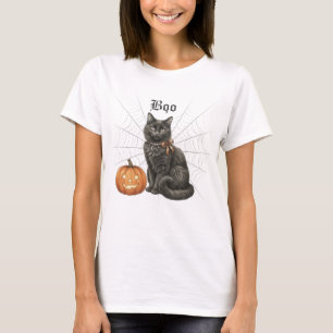 Black cat with spiderweb and Jack o Lantern. Boo. T-Shirt