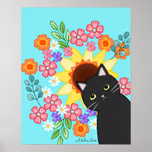 Black Cat with Sunflower Bright Colorful Cat Art  Poster