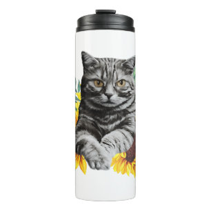 Black Cat With SunFlowers, Gifts For Kitten Lovers Thermal Tumbler