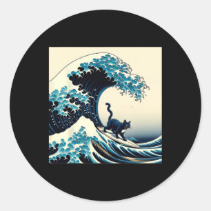 Black Cat With Surf Surfing The Great Wave Men Wom Classic Round Sticker