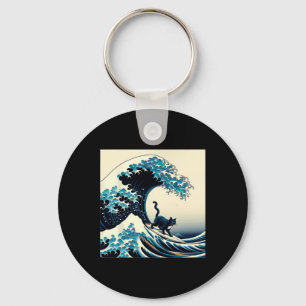 Black Cat With Surf Surfing The Great Wave Men Wom Key Ring