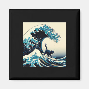 Black Cat With Surf Surfing The Great Wave Men Wom Magnet