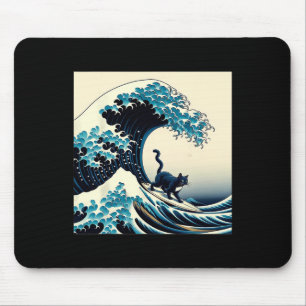 Black Cat With Surf Surfing The Great Wave Men Wom Mouse Pad