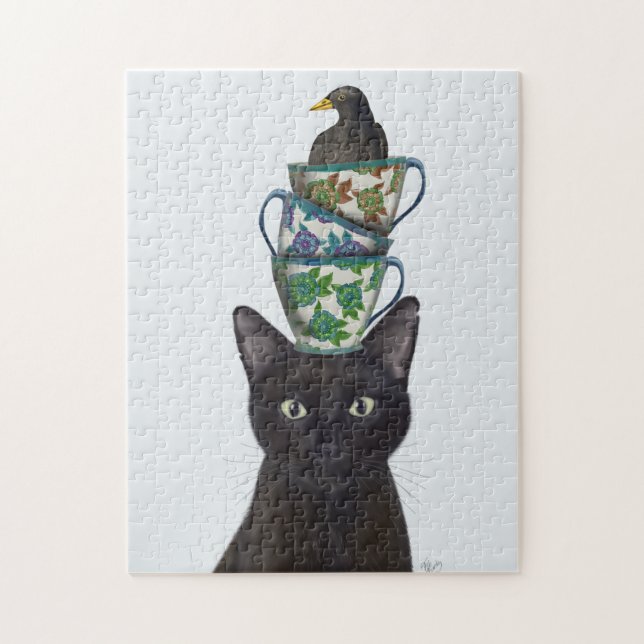 Black Cat with Teacups and Blackbird Jigsaw Puzzle (Vertical)