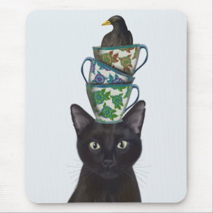 Black Cat with Teacups and Blackbird Mouse Pad