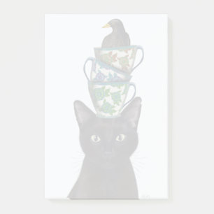 Black Cat with Teacups and Blackbird Post-it Notes