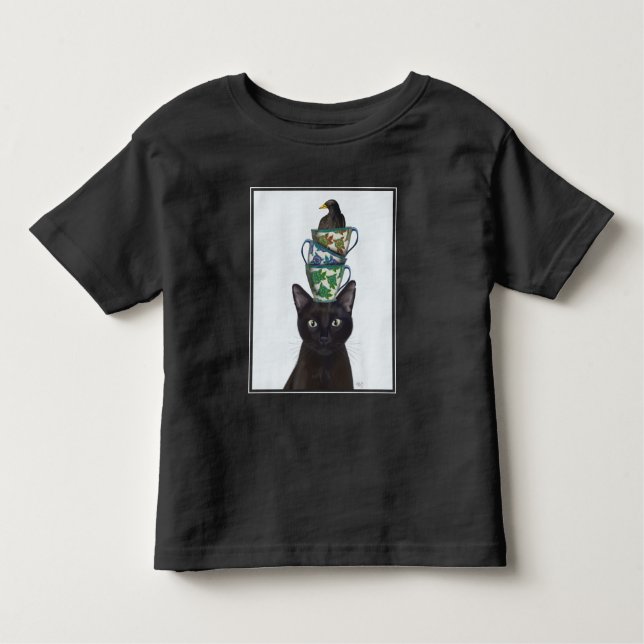 Black Cat with Teacups and Blackbird Toddler T-Shirt (Front)