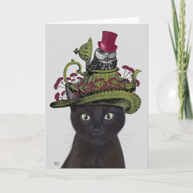 Black Cat with Teapot and Owl Card (Front)
