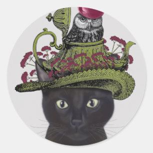 Black Cat with Teapot and Owl Classic Round Sticker