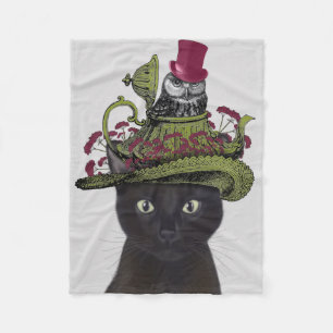 Black Cat with Teapot and Owl Fleece Blanket
