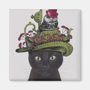 Black Cat with Teapot and Owl Magnet