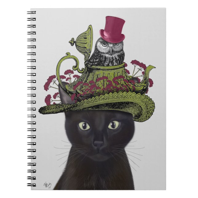 Black Cat with Teapot and Owl Notebook (Front)