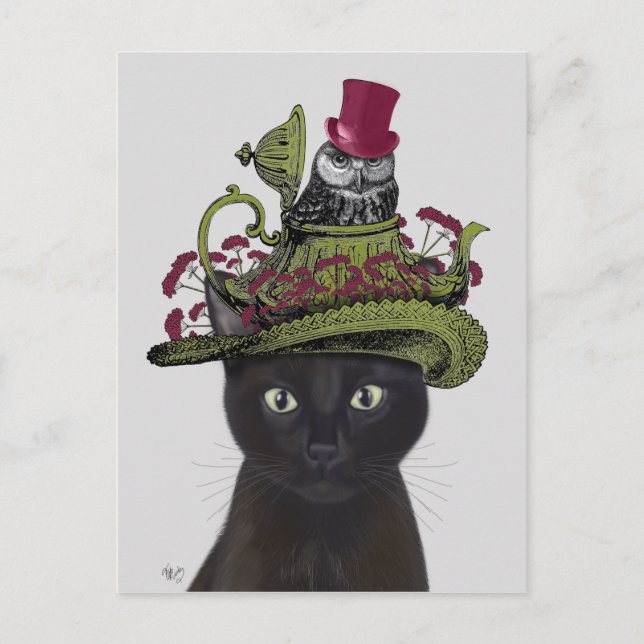Black Cat with Teapot and Owl Postcard (Front)