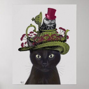 Black Cat with Teapot and Owl Poster