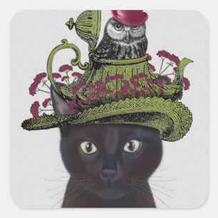 Black Cat with Teapot and Owl Square Sticker