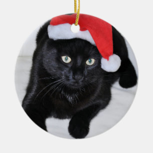 Black Cat with the Red Santa Hat Ceramic Ornament