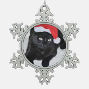 Black Cat with the Red Santa Hat Snowflake Pewter Christmas Ornament